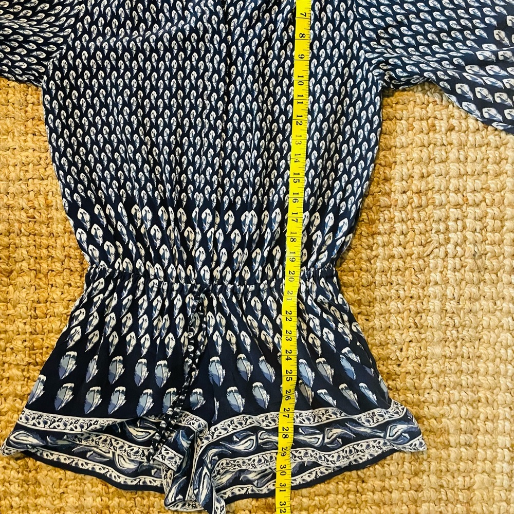 Joie XS Blue White Feather Solstice Boho Silk Romper - Picture 11 of 14